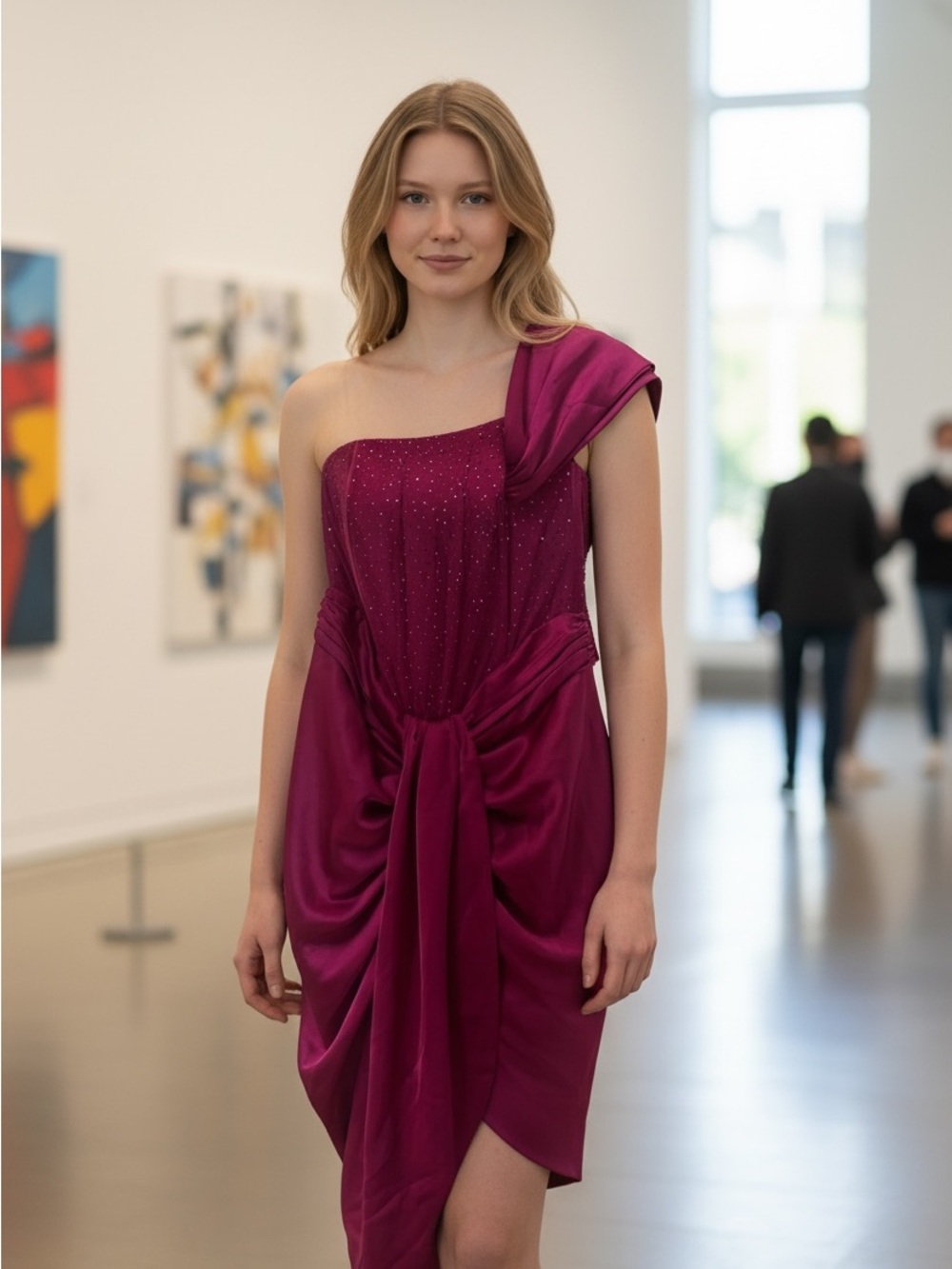 Elegant One-Shoulder Fuchsia Evening Dress